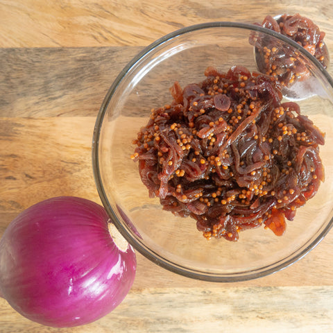 Suagr free caramalized onion jam, perfect for having with meats or on a pizza, tastes like the real deal!