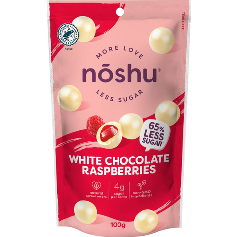 Noshu white chocolate raspberry bites 100g