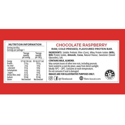 FIBRE BOOST Choc Raspberry x 12 BOX BUNDLE Cold Pressed Protein Bar -