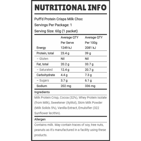 PUFF'D PROTEIN CRISPS MILK CHOC 60g