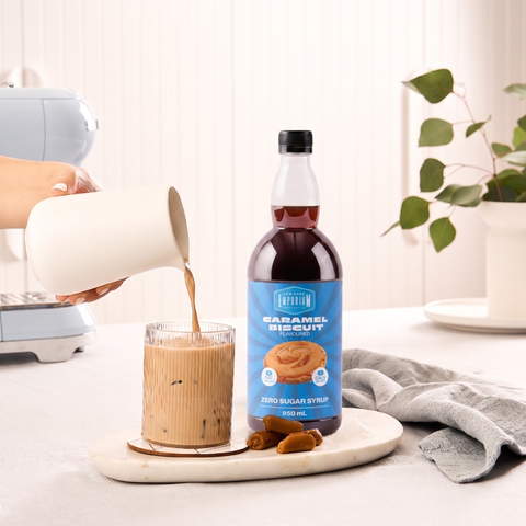 Caramel biscuit zero sugar syrup beside a coffee