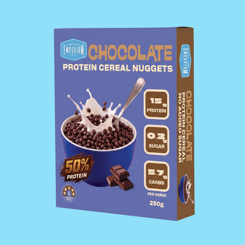 Chocolate Protein Cereal Nuggets box: 15g protein, 0.3g sugar, 5.7g carbs per serve