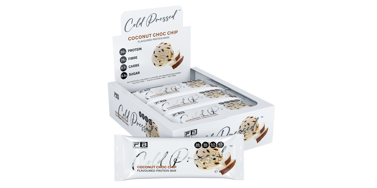 FIBRE BOOST Coconut Choc Chip 60g X 12 BOX BUNDLE Cold Pressed Protein ...