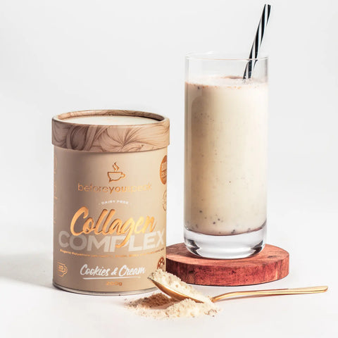 BYS Cookies & Cream Collagen Complex tub with a shake