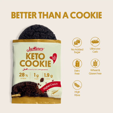 Justine's Keto Afghan Crunch Cookie 40g, lifestyle shot