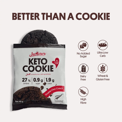 Justine's Keto Double Choc Crunch Cookie 40g, lifestyle shot
