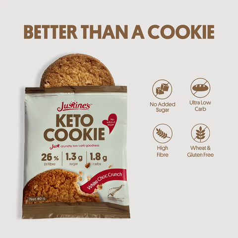 Justine's Keto White Choc Crunch Cookie 40g, lifestyle shot