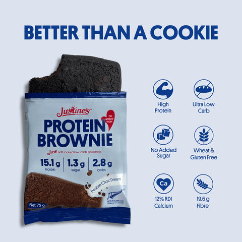 Justine's Double Choc Dream Protein Brownie 75g, lifestyle shot
