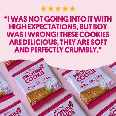 Justine's Raspberry White Choc Chip Protein Cookie 60g, lifestyle shot