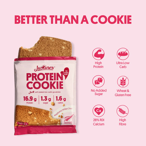 Justine's Raspberry White Choc Chip Protein Cookie 60g, close-up