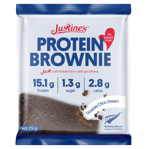 Justine's Double Choc Dream Protein Brownie 75g, front of pack