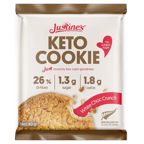 Justine's Keto White Choc Crunch Cookie 40g, front of pack