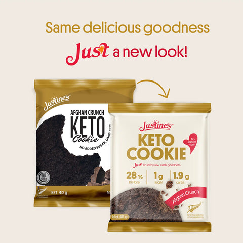 Justine's Keto Afghan Crunch Cookie 40g, new look