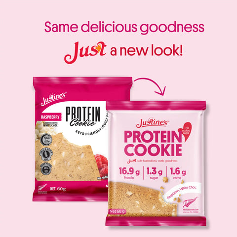 Justine's Raspberry White Choc Chip Protein Cookie 60g, new look