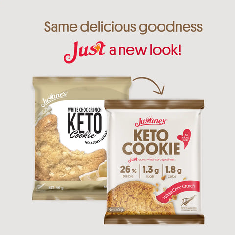 Justine's Keto White Choc Crunch Cookie 40g, new look