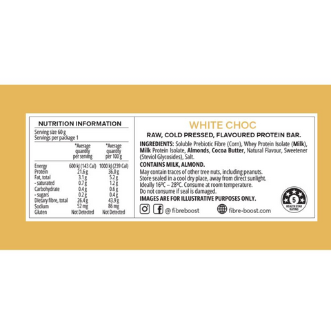 FIBRE BOOST White Chocolate Flavour 60g Cold Pressed Protein Bar -