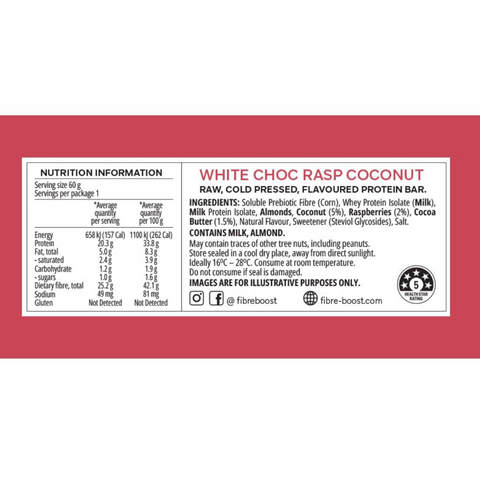 FIBRE BOOST White Choc Raspberry Coconut - 60g x 12 BOX BUNDLE Cold Pr ...