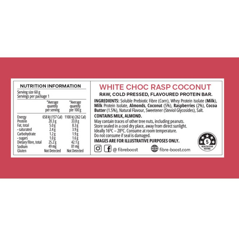 FIBRE BOOST White Choc Raspberry Coconut - 60g Cold Pressed Protein Bar -