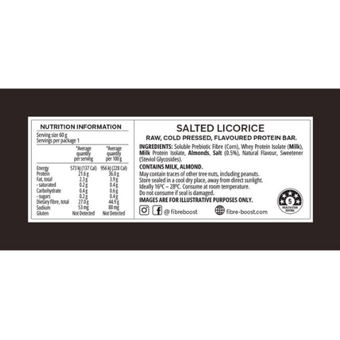 FIBRE BOOST Salted Licorice 60g X 12 BOX BUNDLE Cold Pressed Protein Bar -