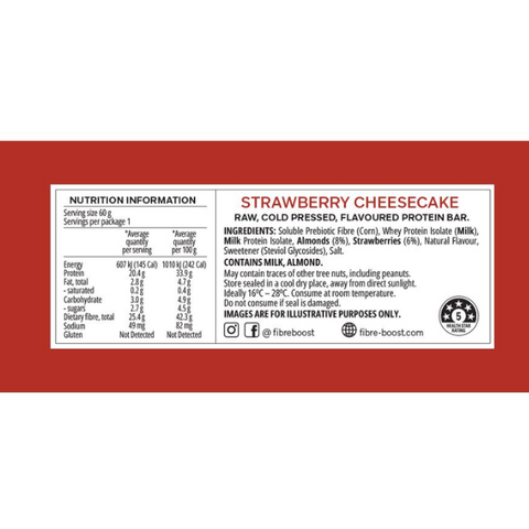 FIBRE BOOST Strawberry Cheesecake 60g x 12 BOX BUNDLE Cold Pressed Protein Bar -