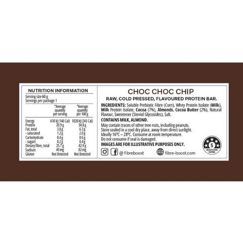FIBRE BOOST Cold Pressed Protein Bar - Choc Choc Chip Flavour 60g