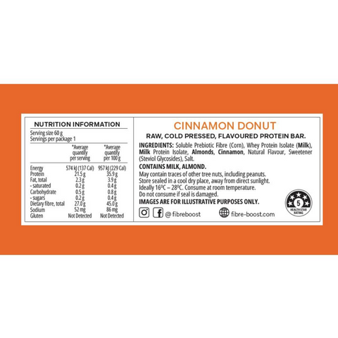 FIBRE BOOST CINNAMON DONUT 60G X 12 BOX BUNDLE Cold Pressed Protein Bar -