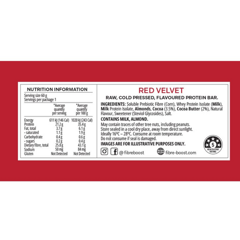 FIBRE BOOST Red Velvet Flavour 60g Cold Pressed Protein Bar -