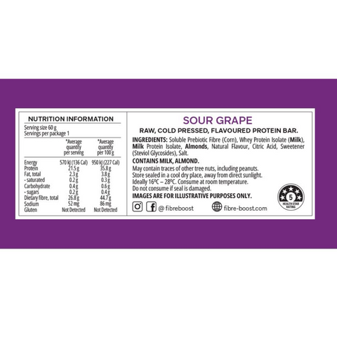 FIBRE BOOST SOUR GRAPE 60G X 12 BOX BUNDLE Cold Pressed Protein Bar -