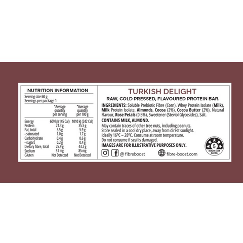 FIBRE BOOST TURKISH DELIGHT 60G X 12 BOX BUNDLE Cold Pressed Protein Bar -