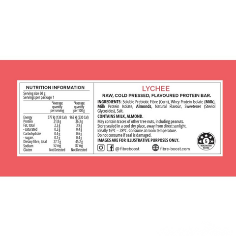 FIBRE BOOST LYCHEE 60g x 12 BOX BUNDLE Cold Pressed Protein Bar -