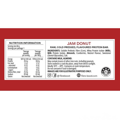 FIBRE BOOST Jam Donut Flavour 60g Cold Pressed Protein Bar -