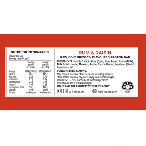 FIBRE BOOST RUM AND RASIN 60G X 12 BOX BUNDLE Cold Pressed Protein Bar -