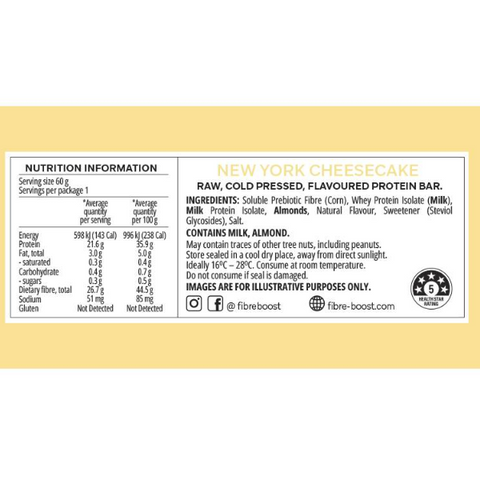 FIBRE BOOST NEW YORK CHEESECAKE 60g Cold Pressed Protein Bar -