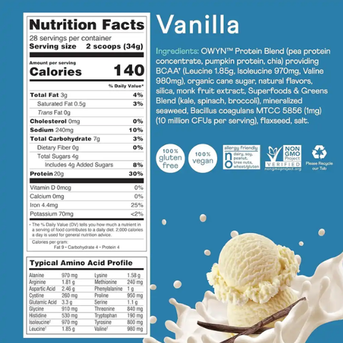 OWYN Plant-Based Protein Powder w/ Probiotics and Superfoods Greens VANILLA