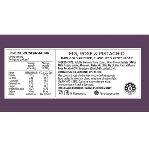 FIBRE BOOST Fig, Rose & Pistachio 60g x 12 BOX BUNDLE Cold Pressed Protein Bar -