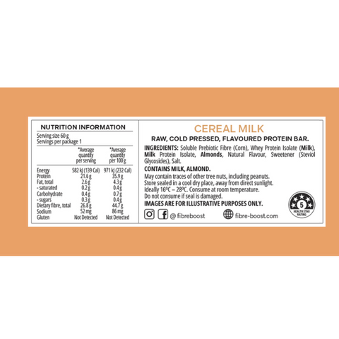 FIBRE BOOST CEREAL MILK 60g Cold Pressed Protein Bar -