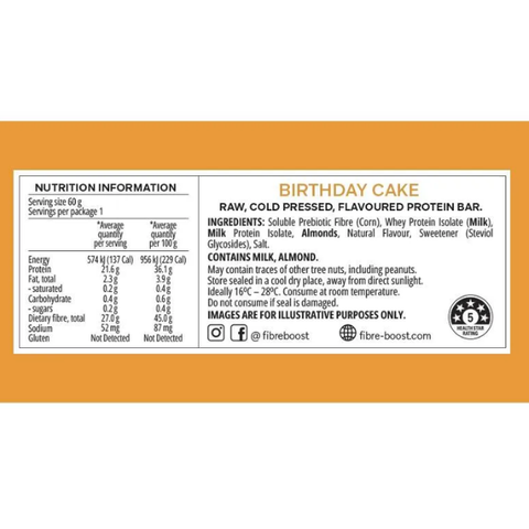 FIBRE BOOST BIRTHDAY CAKE 60g x 12 BOX BUNDLE Cold Pressed Protein Bar -