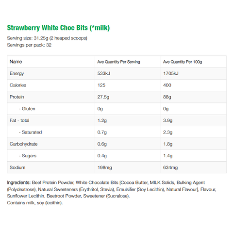 Sample- BEEF protein- Strawberry White Choc (contains choc bits)