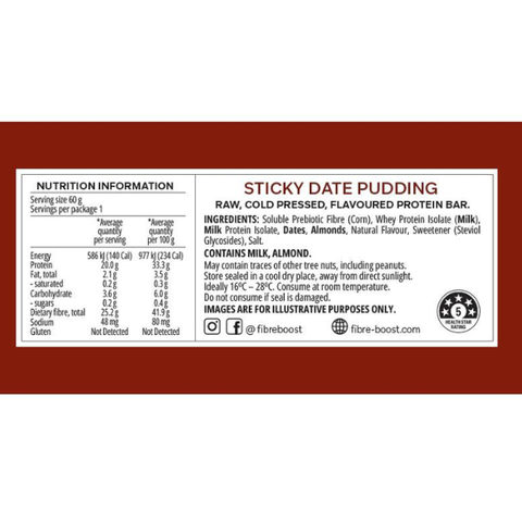 FIBRE BOOST Sticky Date Pudding 60g Cold Pressed Protein Bar