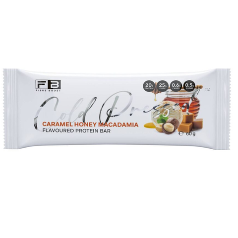 FIBRE BOOST CARAMEL HONEY MACADAMIA 60g Cold Pressed Protein Bar -