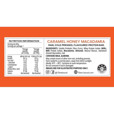 FIBRE BOOST CARAMEL HONEY MACADAMIA 60g Cold Pressed Protein Bar -