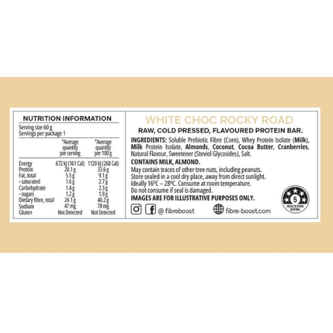 FIBRE BOOST WHITE CHOC ROCKY ROAD Flavour 60g X 12 BOX BUNDLE Cold Pressed Protein Bar