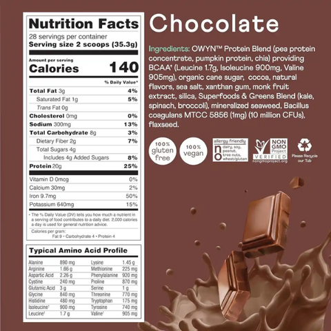 OWYN Plant-Based Protein Powder w/ Probiotics and Superfoods Greens CHOCOLATE