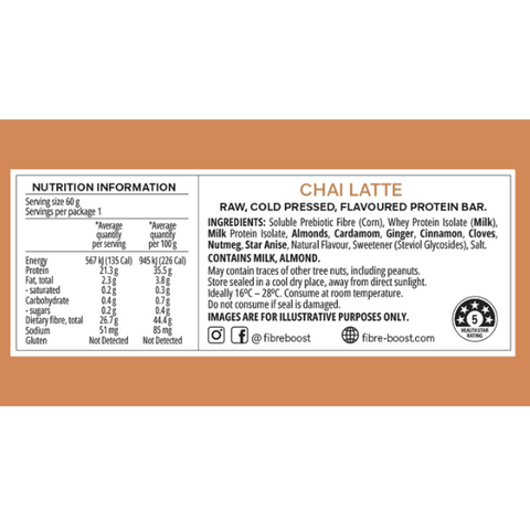 FIBRE BOOST CHAI LATTE  60g X 12 BOX BUNDLE Cold Pressed Protein Bar