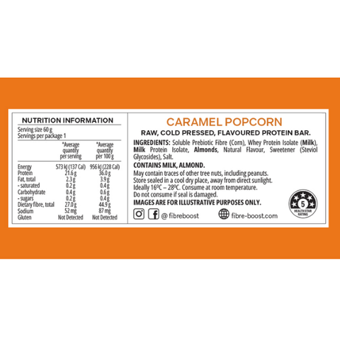 FIBRE BOOST CARAMEL POPCORN  60g Cold Pressed Protein Bar -