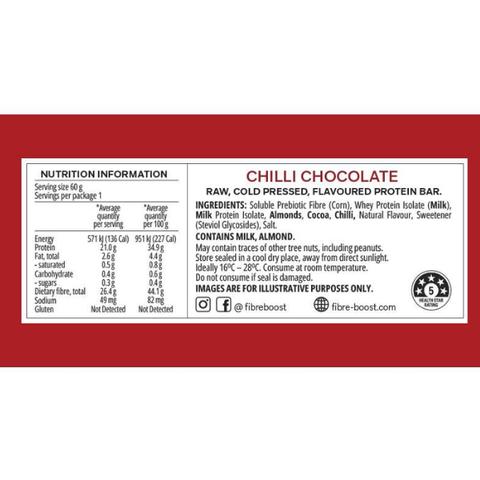 ￼￼FIBRE BOOST CHILLI CHOCOLATE 60g Cold Pressed Protein Bar