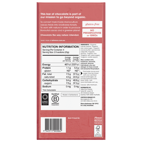 Alter Eco Quinoa Crunch 60% Cacao Chocolate bsr 90g