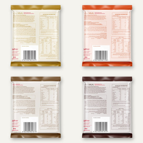 Justine's Keto Crunch Cookie Sample Pack - back of all four packs with nutrition panels