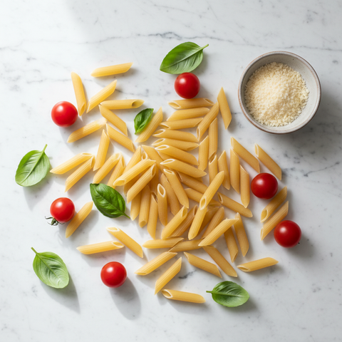 Penne ingredient flat lay