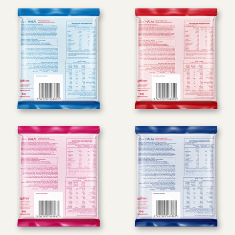 Justine's Protein Cookie Sample Pack - back of all four packs with nutrition panels
